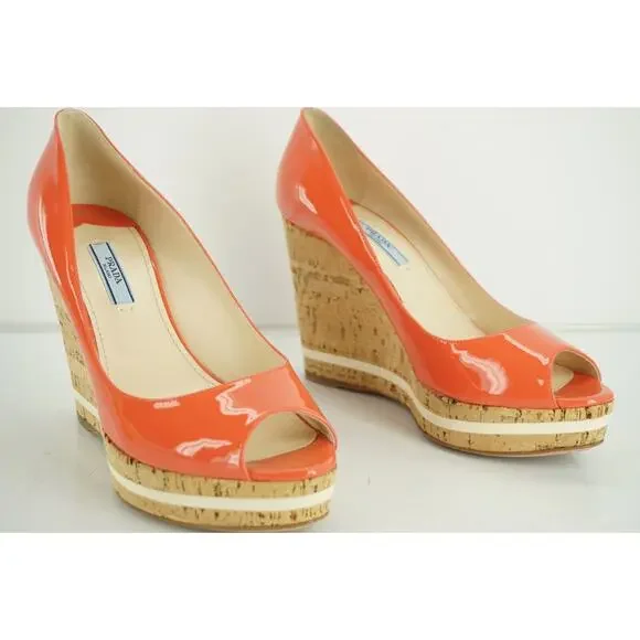 Prada Pink Patent Platform Wedge Heel Espadrille Peep Pumps - Picture 7 of 12